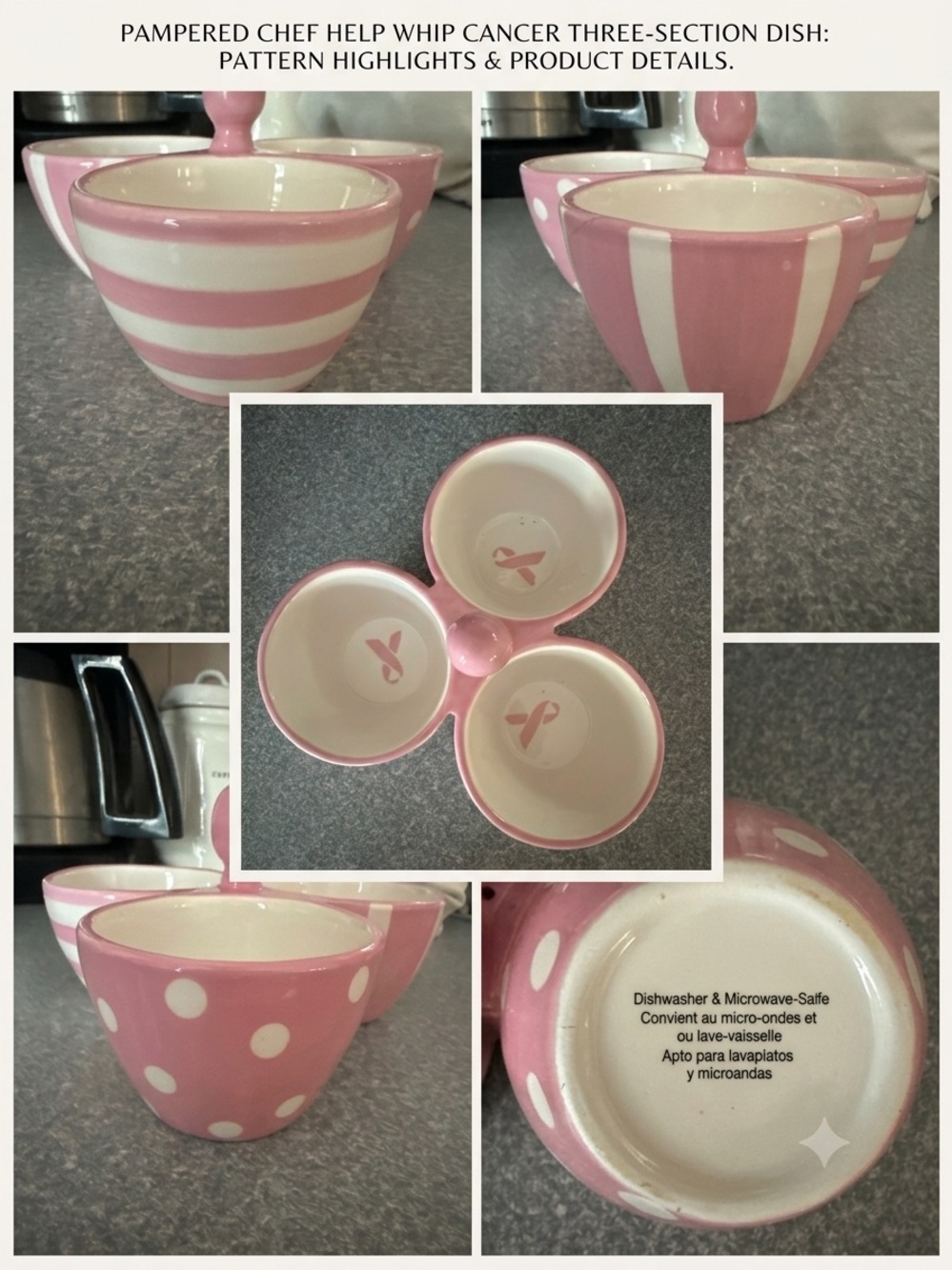 Pampered Chef “Help Whip Cancer”Pink and White Three-Section Dish
